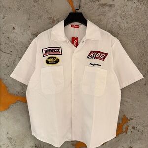Supreme White Short-Sleeve Patch Pocket Racing Patch Shirt